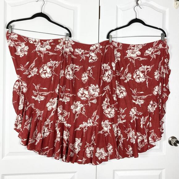 NWOT ZARA Skirt M Wrap Ruffle Midi Floral Linen Blend Button Waist Burgundy - Picture 6 of 13